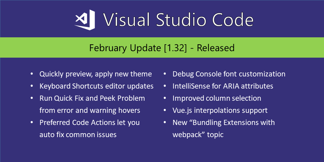 code's tweet card. See what is new in the Visual Studio Code February 2019 Release (1.32)