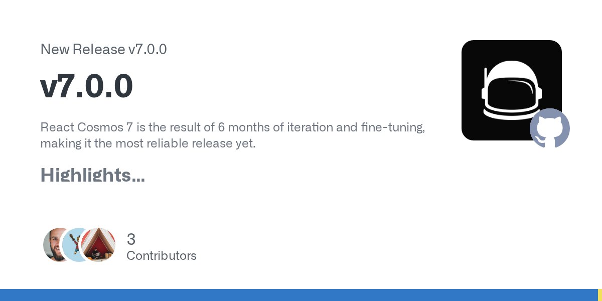 ReactCosmos's tweet card. React Cosmos 7 is the result of 6 months of iteration and fine-tuning, making it the most reliable release yet. Highlights React 19 & Next.js 15 support — Fully compatible with the latest vers...