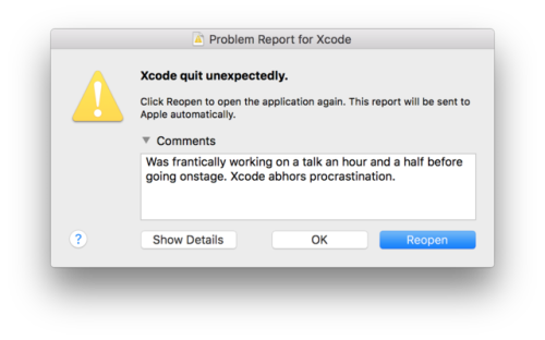 XcodeHasCrashed's tweet card. Dammit, Xcode, you’re not helping!