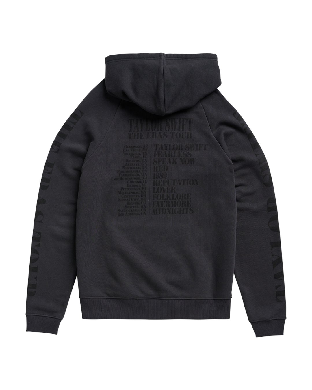 swiftpitch_py's tweet card. Black hoodie with front pocket featuring photos of Taylor Swift printed on front with "Taylor Swift" printed on wearer's right sleeve and "The Eras Tour" printed on wearer's left sleeve and "Taylor...