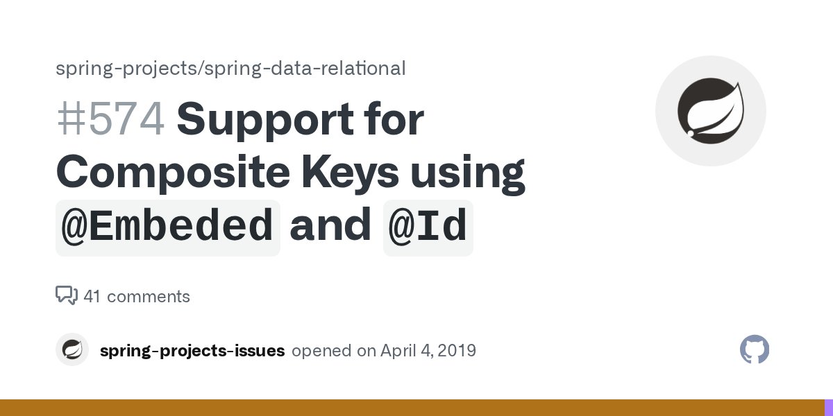 SpringData's tweet card. alpet opened DATAJDBC-352 and commented Enable usage of @Embdedded and @Id together. I see two scenarios here. One would be for read only repositories and the other for the CRUD repository. With re...