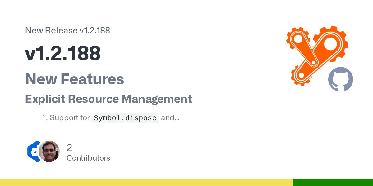 kalwanaajay's tweet card. New Features Explicit Resource Management Support for Symbol.dispose and Symbol.asyncDisposable. Support for using constResource = and await using constResource = syntax to enable disposable stac...