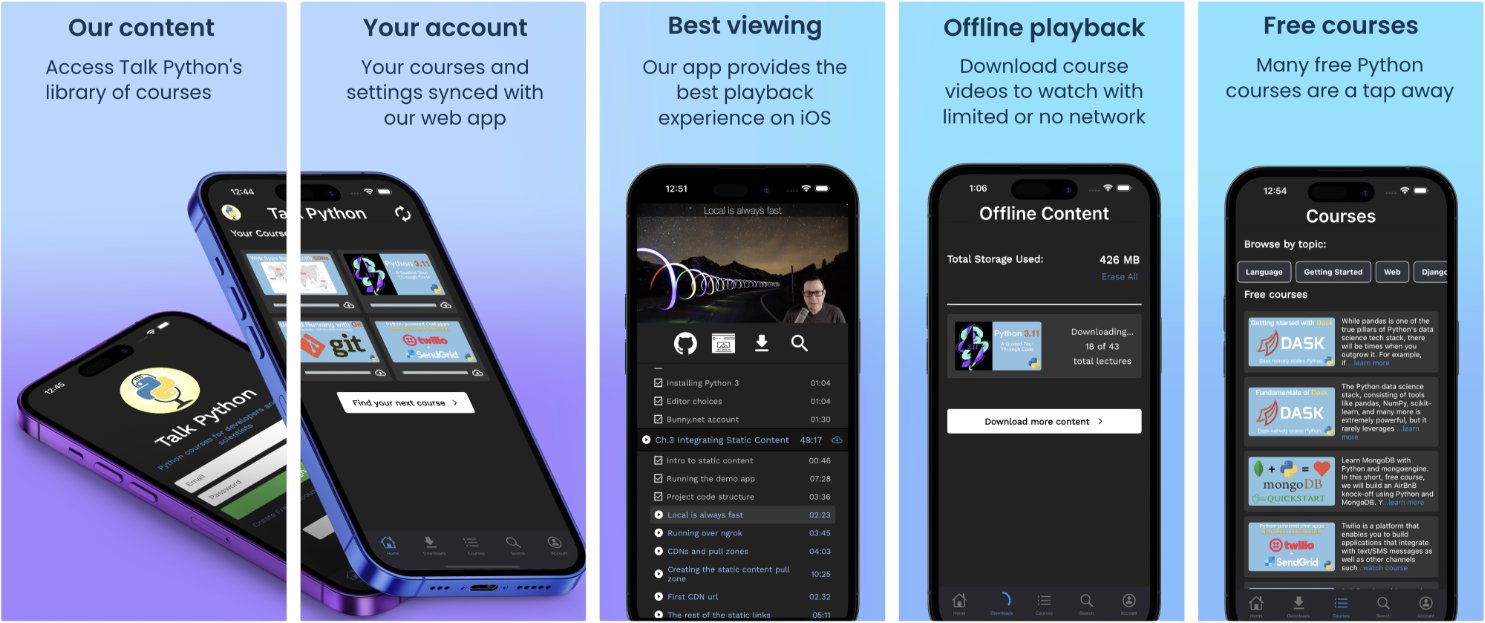 TalkPython's tweet card. A litle background on rebuilding our mobile apps.
