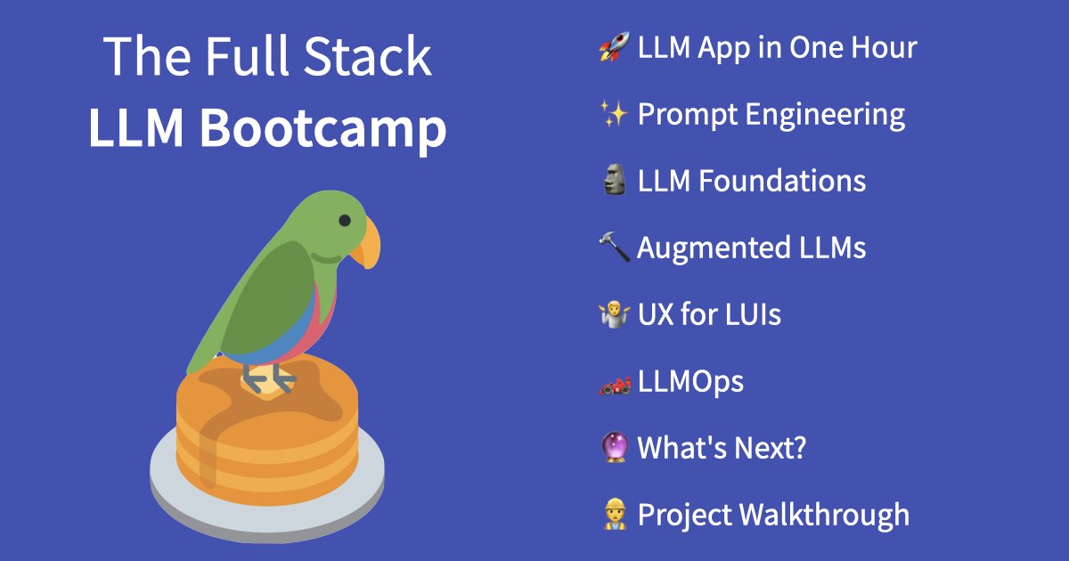 full_stack_dl's tweet card. Learn best practices and tools for building LLM-powered apps