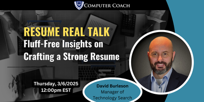 ComputerCoach's tweet card. Get ready for some no-nonsense advice on making your resume stand out at our Resume Real Talk event!