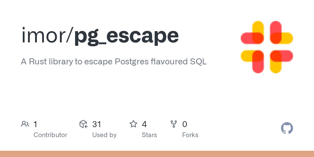 HashRust's tweet card. A Rust library to escape Postgres flavoured SQL. Contribute to imor/pg_escape development by creating an account on GitHub.