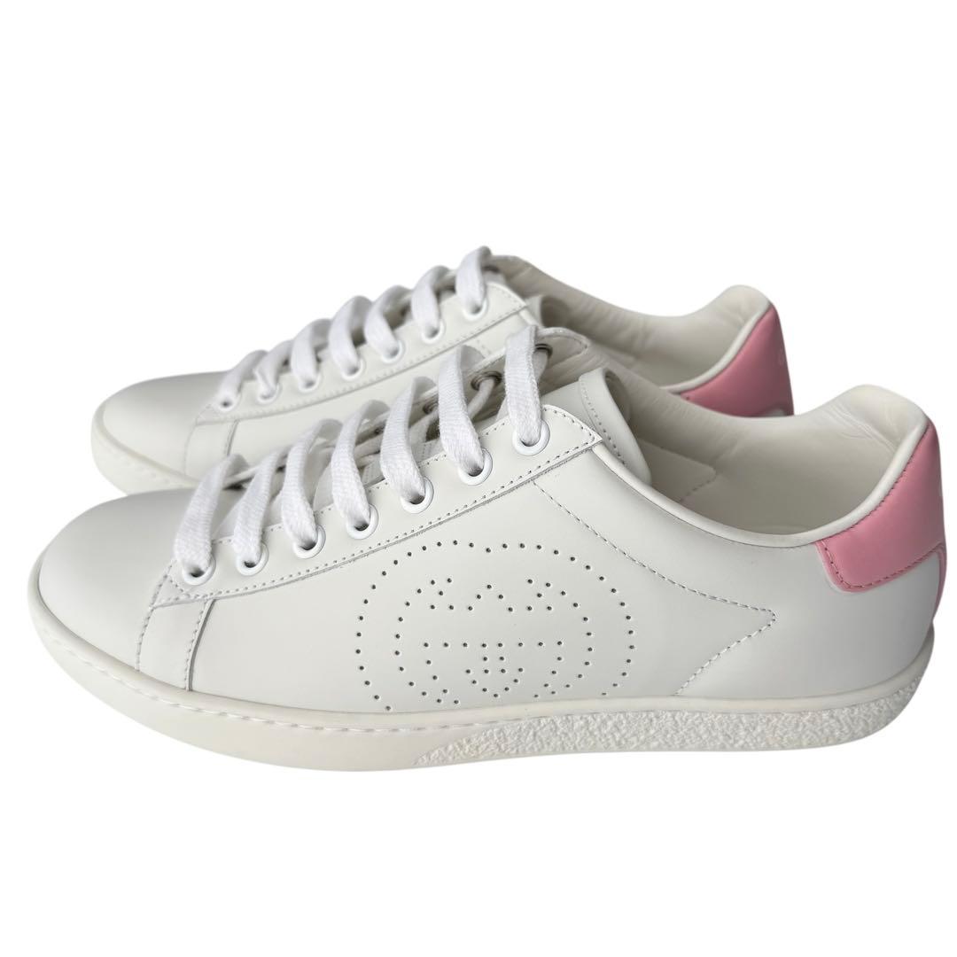 Gucci ホワイト ピンク スニーカー GUCCI】グッチ スニーカー ホワイト ピンク 38 - メルカリ