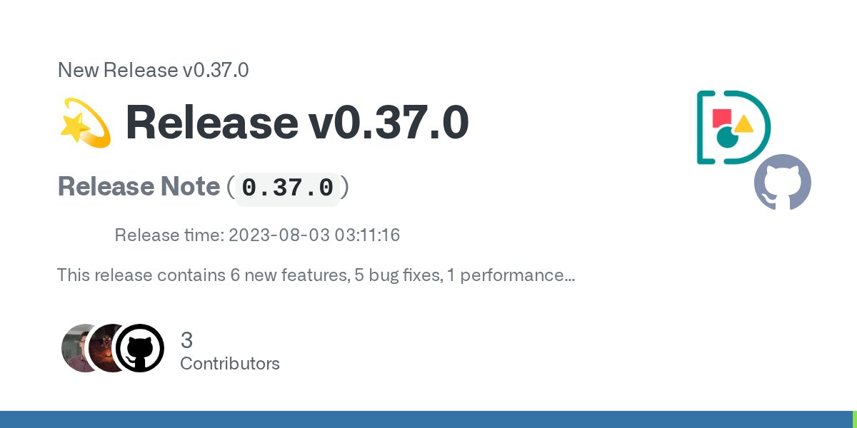 docarray's tweet card. Release Note (0.37.0) Release time: 2023-08-03 03:11:16 This release contains 6 new features, 5 bug fixes, 1 performance improvement and 1 documentation improvement. 🆕 Features Milvus Integration...