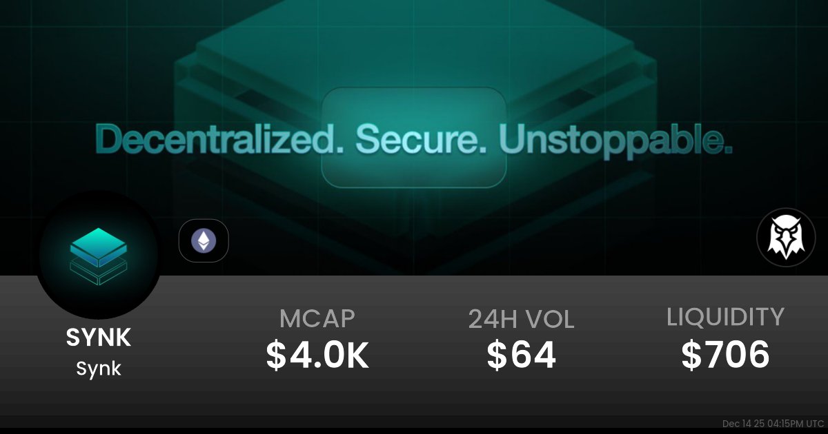 DeganDev's tweet card. $0.00004098 Synk (SYNK) realtime price charts, trading history and info - SYNK / WETH on Ethereum / Uniswap