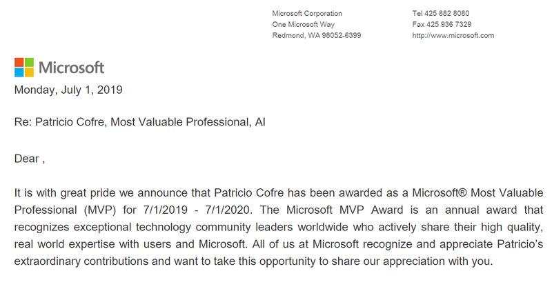 pcofre's tweet card. Que buena forma de comenzar la segunda mitad del año! Acabo de recibir de Microsoft Corp esta carta dónde soy confirmado como MVP (Most Valuable Professional), y esta vez en la categoría de #Artifi...