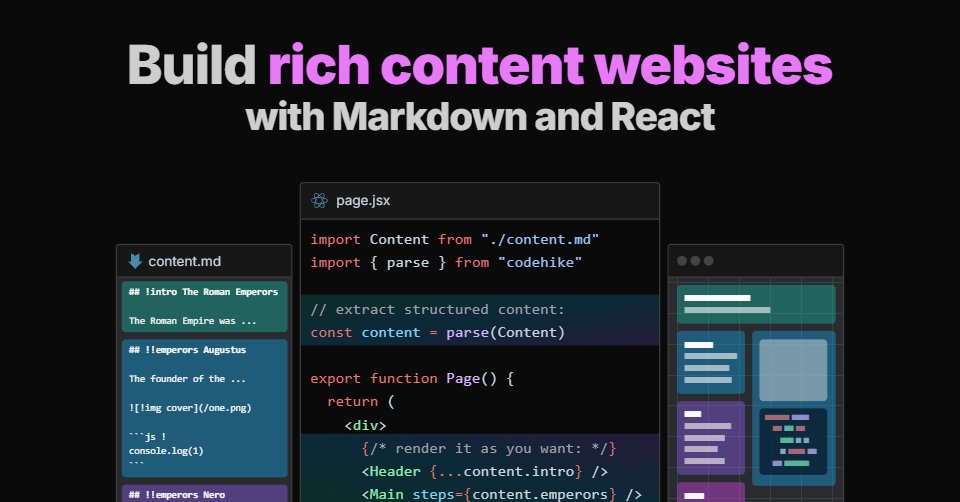 codehike_'s tweet card. Use Markdown and React to build rich content websites. Documentation, tutorials, blogs, videos, interactive walkthroughs, and more.