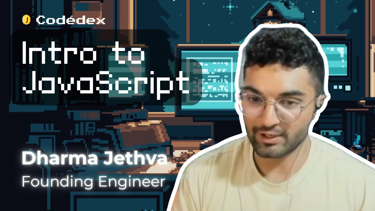 codedex_io's tweet card. Intro to JavaScript with Dharma Jethva ❄️