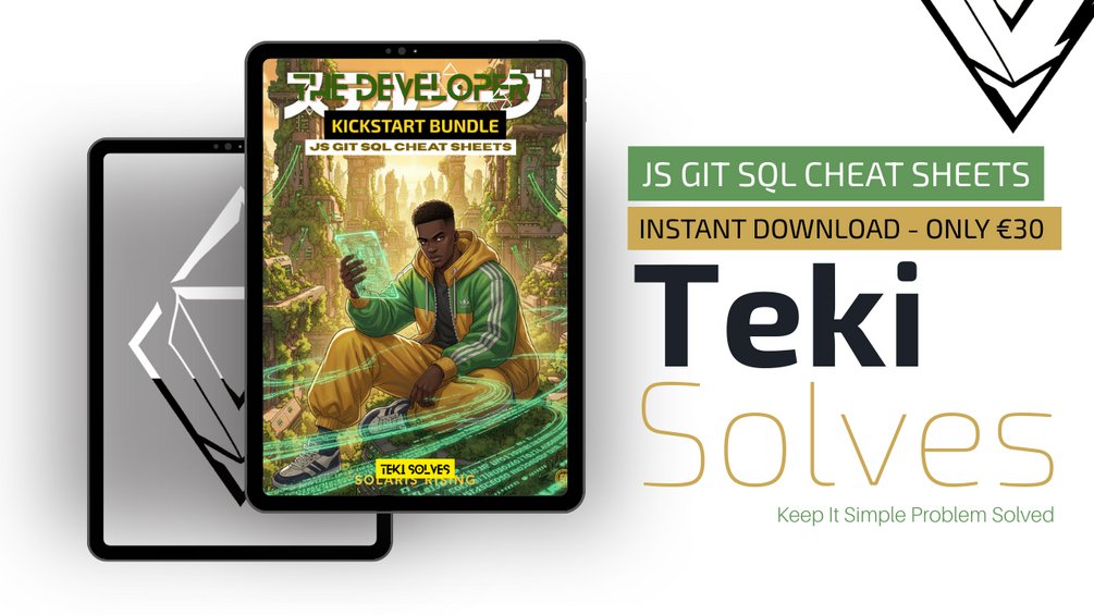 tekisolves's tweet card. The Developer Kickstart Bundle: Essential JavaScript, Git, and SQL Cheat Sheets🚨 Stop Searching, Start Coding.You know the feeling: You hit a flow state, then you get stuck on a simple Git rebase...