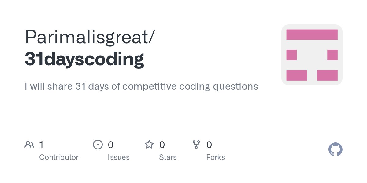 JichkarParimal's tweet card. I will share 31 days of competitive coding questions - Parimalisgreat/31dayscoding