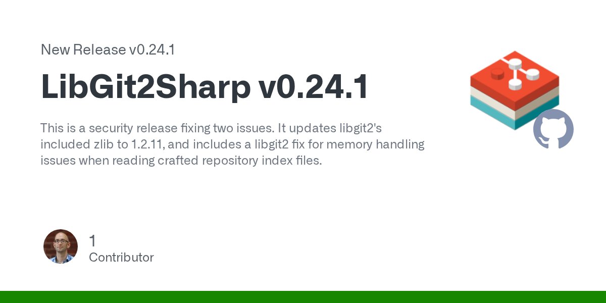 libgit2sharp's tweet card. This is a security release fixing two issues. It updates libgit2's included zlib to 1.2.11, and includes a libgit2 fix for memory handling issues when reading crafted repository index files.