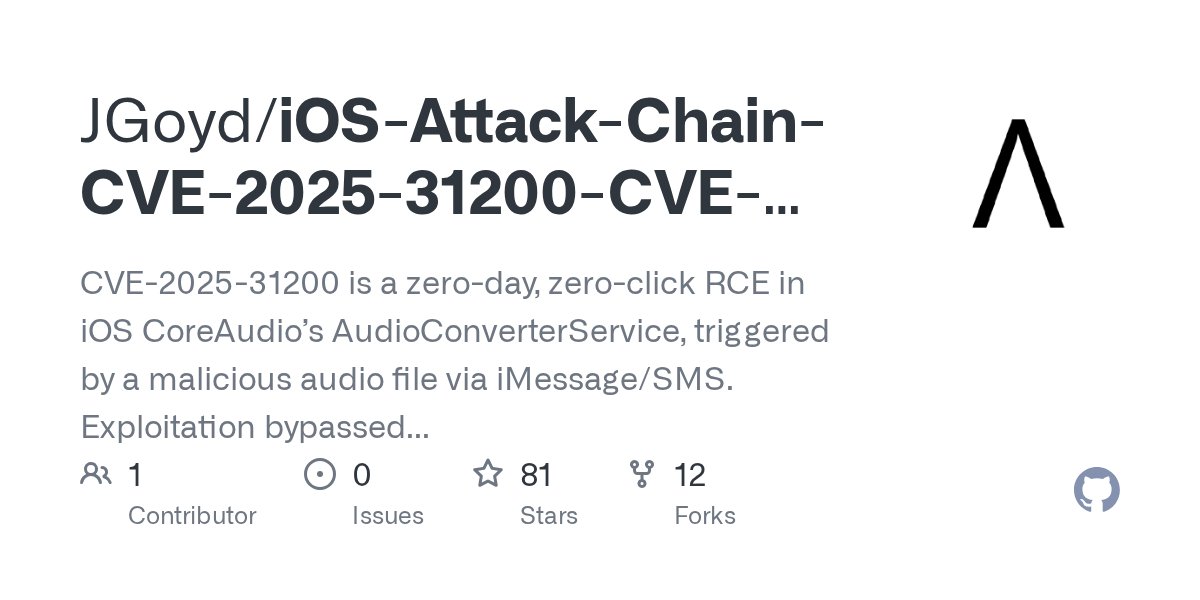 minacrissDev_'s tweet card. CVE-2025-31200 is a zero-day, zero-click RCE in iOS CoreAudio’s AudioConverterService, triggered by a malicious audio file via iMessage/SMS. Exploitation bypassed Blastdoor, enabled kernel escalati...