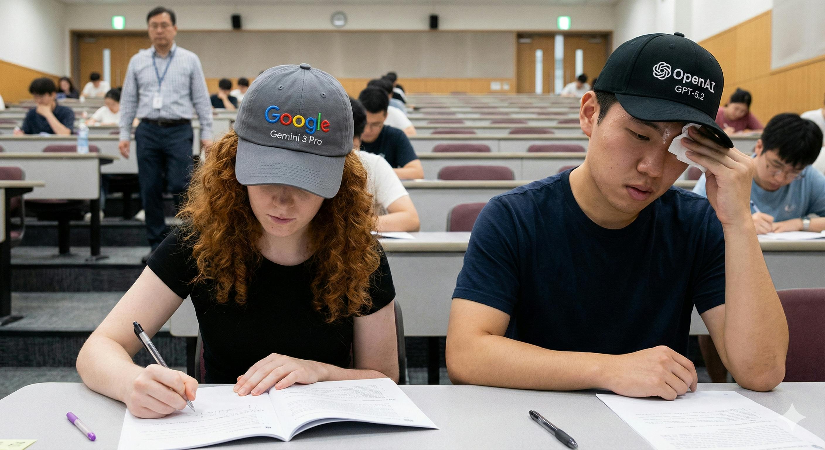 weirdo_kevin's tweet card. Is OpenAI GPT-5.2 actually better than Google Gemini 3 Pro? If you strip away the extra "thinking" time used in the benchmarks, the gap disappears.