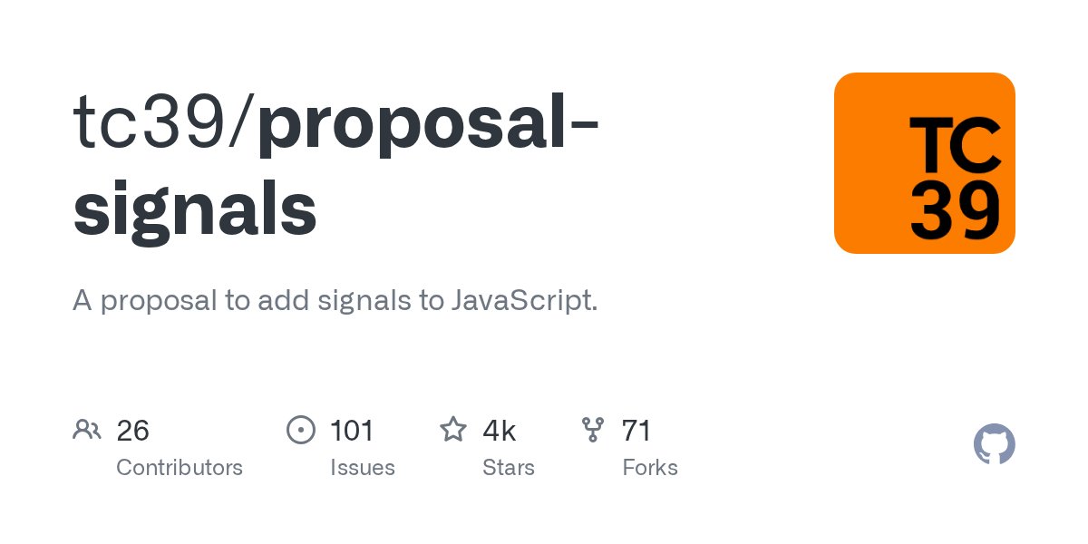 BenLesh's tweet card. A proposal to add signals to JavaScript. Contribute to tc39/proposal-signals development by creating an account on GitHub.