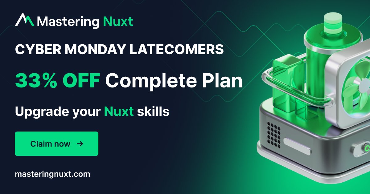 MasteringNuxt's tweet card. The complete guide to developing and deploying fast, production-ready Nuxt apps. MasteringNuxt is the most in-depth, fun, and realistic course made on Nuxt.