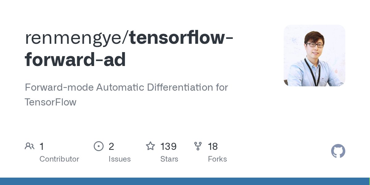 pythontrending's tweet card. Forward-mode Automatic Differentiation for TensorFlow - renmengye/tensorflow-forward-ad