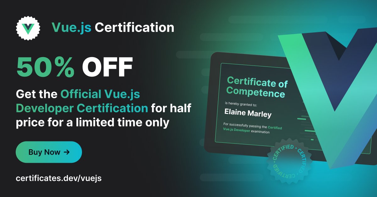 CertificatesDev's tweet card. Unlock 48 hours of free access to the Certified Vue.js Developer Training on August 23 - 24 2025. Dive into theory, coding challenges, quizzes, and a trial exam.