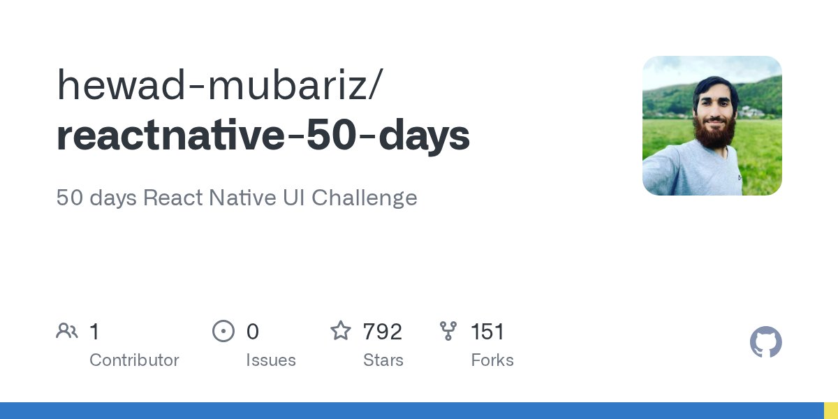 hewad_mubariz's tweet card. 50 days React Native UI Challenge. Contribute to hewad-mubariz/reactnative-50-days development by creating an account on GitHub.