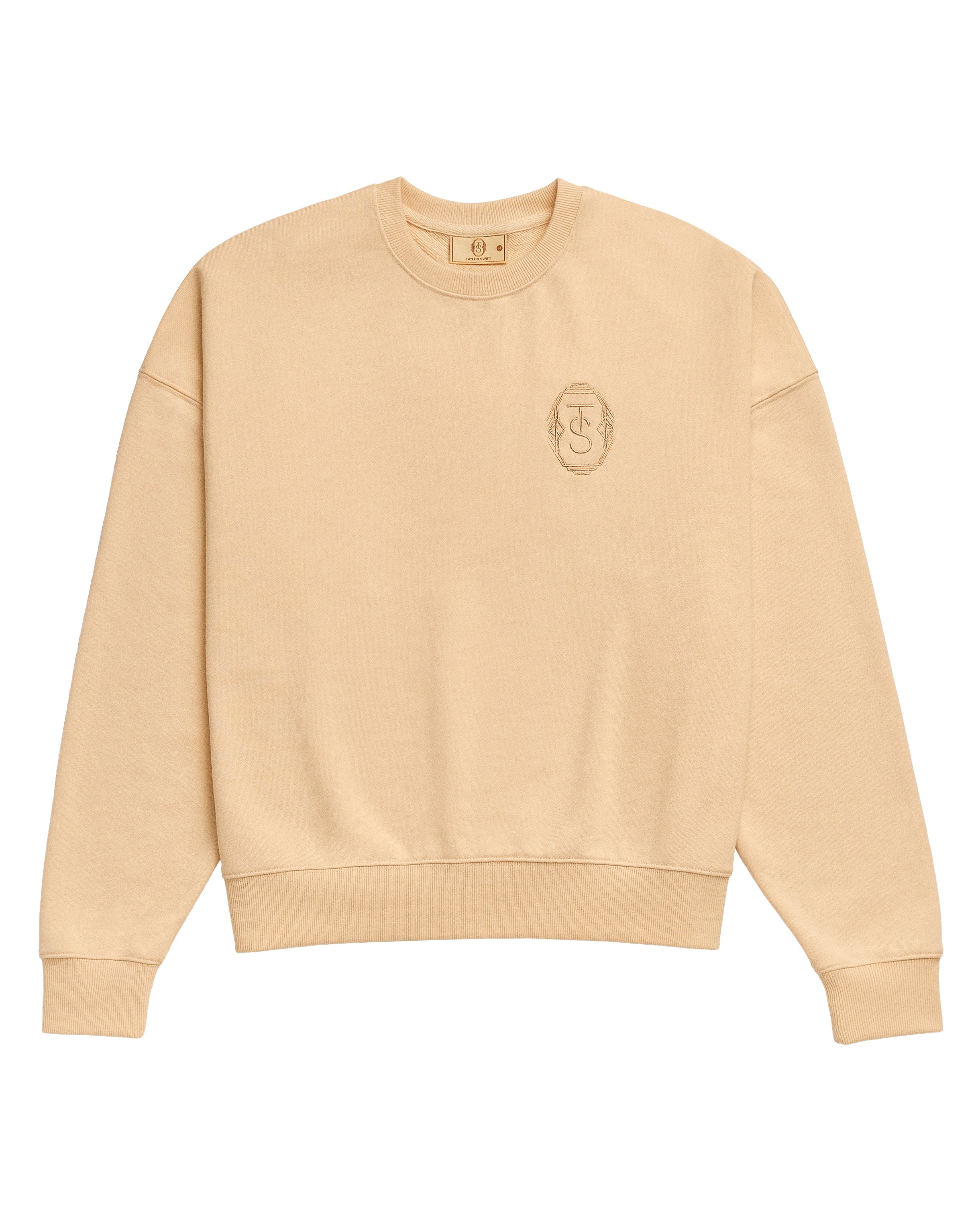 tmwb_overflow's tweet card. Light orange long sleeve crewneck sweatshirt featuring "TS" logo design embroidered on wearer's front left chest. Standard fit.60% Cotton, 40% PolyesterLimit 4 per order.First model is 5'10.5" and...