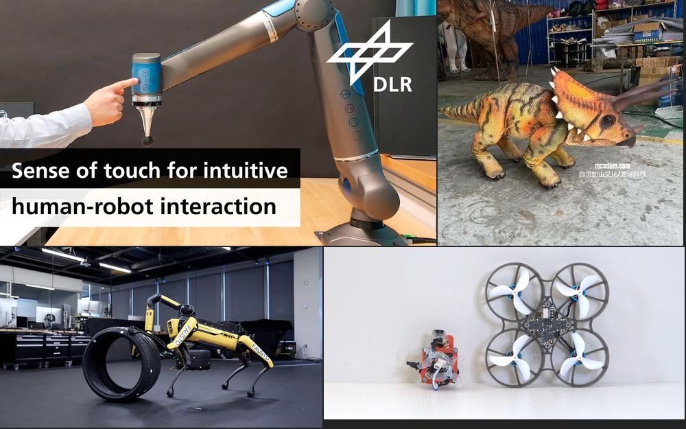 WeeklyRobotics's tweet card. Today in Weekly Robotics, dynamic whole-body manipulation with Boston Dynamics Spot, how a focus group changed robotics, possibly the tiniest FPV drone you've seen, robot manipulator touch sensing...