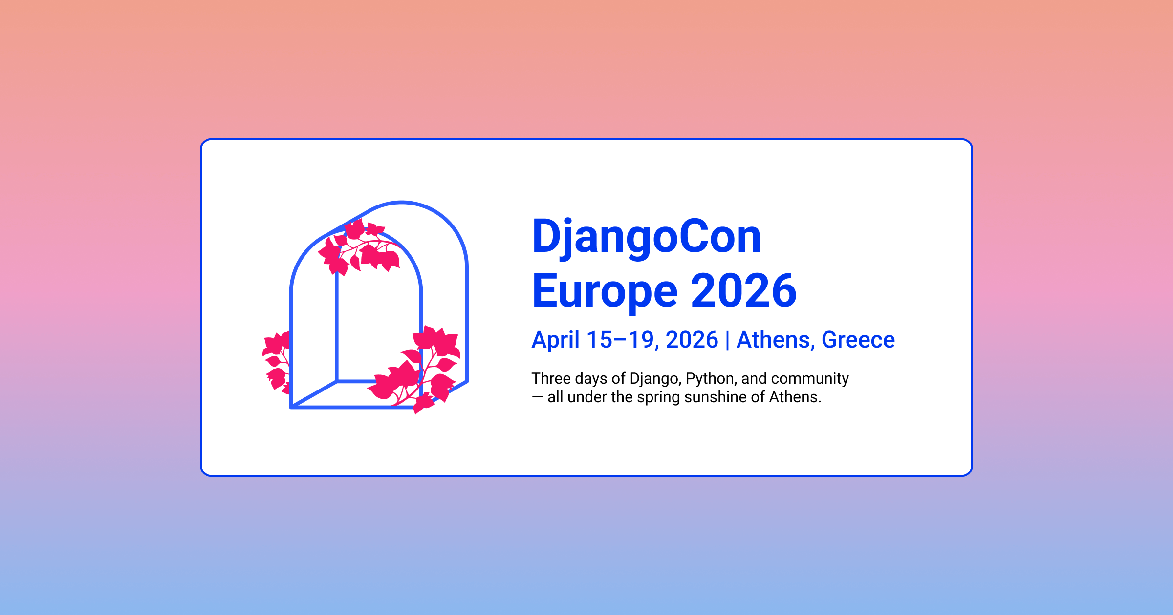 pycoders's tweet card. Share your ideas at DjangoCon Europe 2026 in Athens. Submit your talk by February 8, 2026, and join the European Django community on stage.