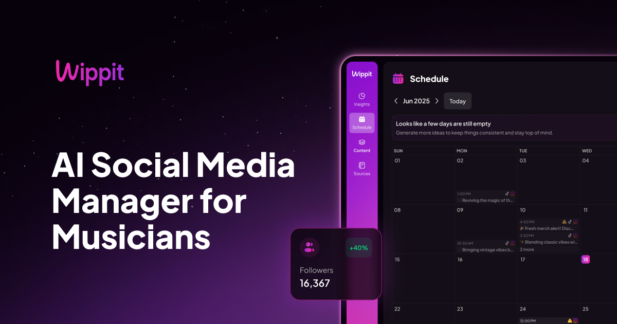 sourcecode007's tweet card. Wippit helps musicians streamline their social media by generating personalised posts, scheduling content across Instagram, TikTok, Facebook and analysing engagement — all powered by AI.