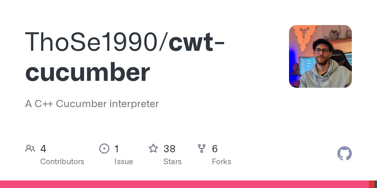 CodingWthThomas's tweet card. A C++ Cucumber interpreter. Contribute to ThoSe1990/cwt-cucumber development by creating an account on GitHub.