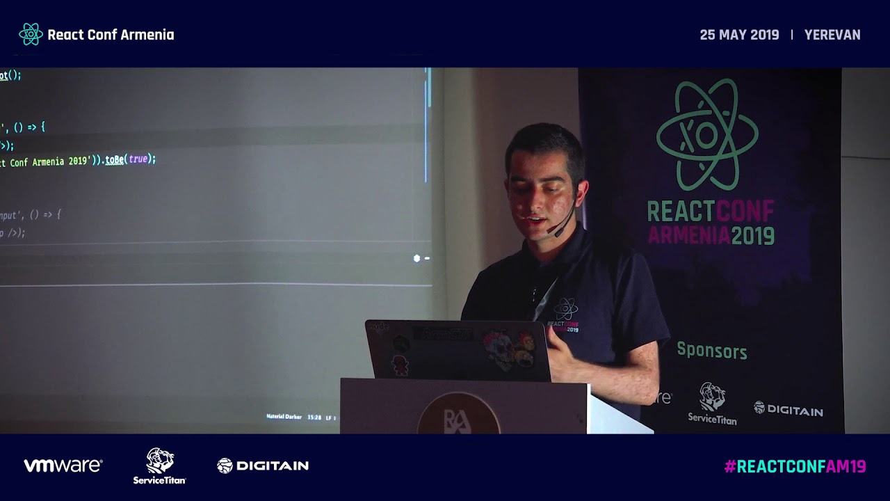 ReactConfAM's tweet card. Testing React in a Right Way by Varik Matevosyan (Arm) | ReactConfAM19