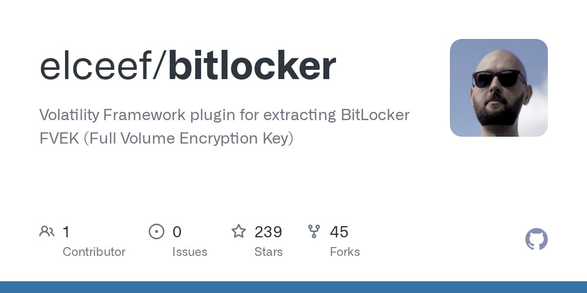 binitamshah's tweet card. Volatility Framework plugin for extracting BitLocker FVEK (Full Volume Encryption Key) - elceef/bitlocker
