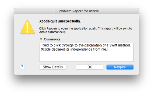 XcodeHasCrashed's tweet card. Xcode has been reading a Thomas Jefferson biography.
