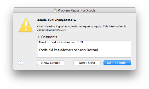 XcodeHasCrashed's tweet card. [Reader submission] Xcode prefers the ® symbol.