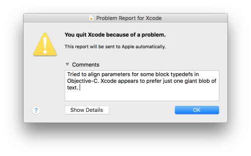 XcodeHasCrashed's tweet card. Xcode would prefer you see a chiropractor for alignment.