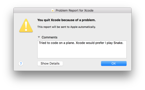 XcodeHasCrashed's tweet card. That is IT. Xcode has HAD IT with my MOTHERFUCKING CODE on this MOTHERFUCKING PLANE.