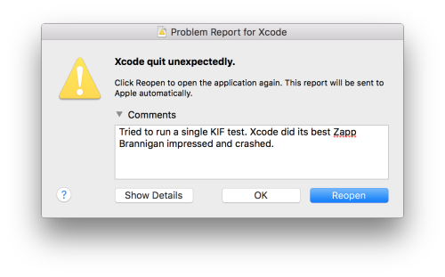 XcodeHasCrashed's tweet card. Xcode is built like a bistro, but handles like a dilapidated steakhouse.