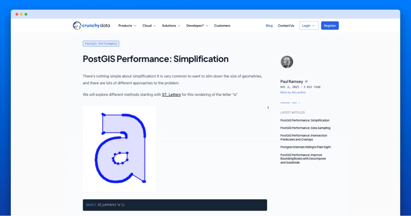 planetpostgres's tweet card. Slim down the size of geometries with ST_Simplify. Also learn about ST_SimplifyVW, ST_RemoveRepeatedPoints, ST_SnapToGrid, ST_ReducePrecision, and ST_CoveranceClean to make your PostGIS as snappy as...