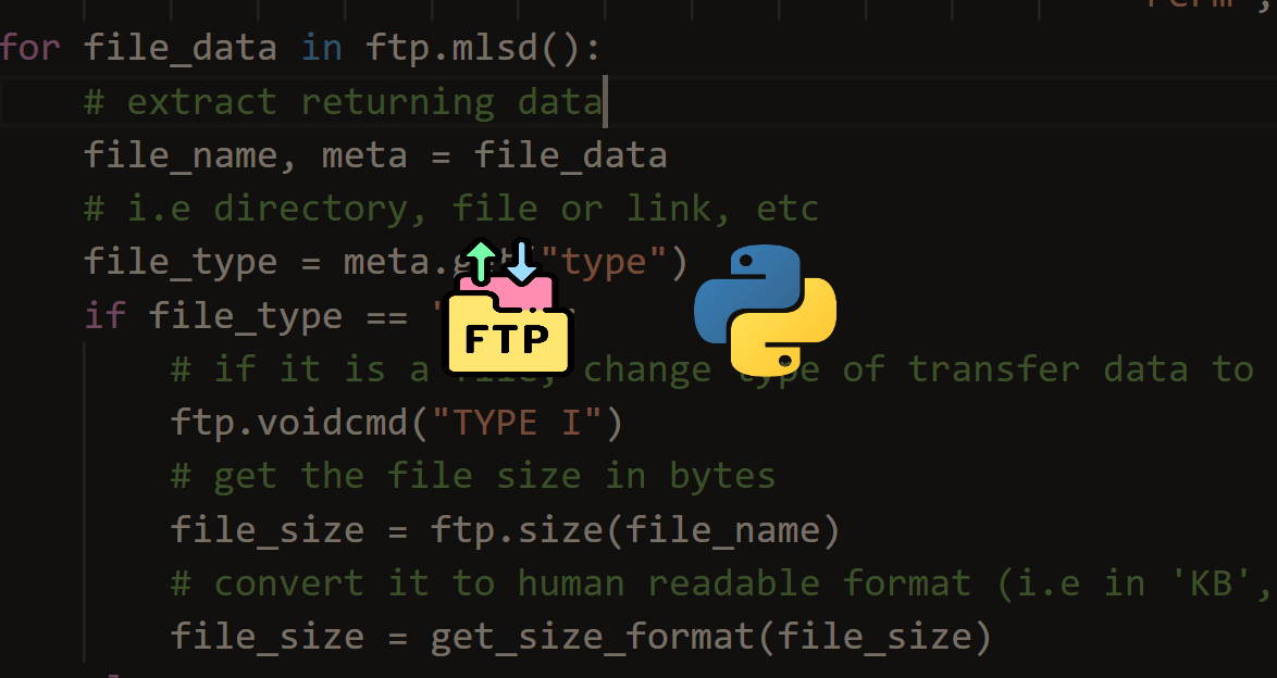 ThePythonCode1's tweet card. Listing all files and directories in an FTP server using LIST, NLST and MLSD FTP commands in Python using the built-in ftplib module.
