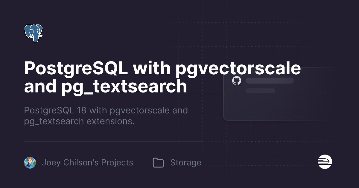 joeychilson's tweet card. Deploy PostgreSQL with pgvectorscale and pg_textsearch on Railway with one click, start for free. PostgreSQL 18 with pgvectorscale and pg_textsearch extensions.