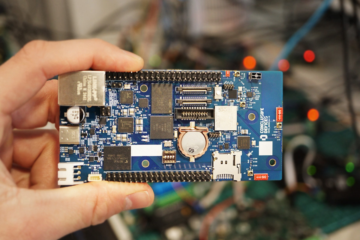 Conclusive_tech's tweet card. KSTR-IMX93 SBC is powered by an NXP i.MX 93 Cortex-A55 CPU, equipped with nRF5340 Bluetooth LE SoC, nRF9151 LTE-IoT SiP, nRF7002 WiFi 6 chip