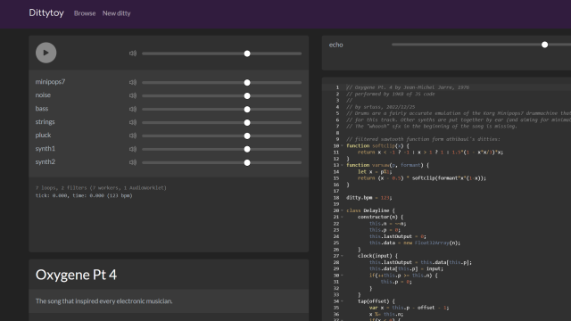 hackaday's tweet card. Dittytoy user [srtuss] has recreated one of the most influential works of electronic music in an elegant nineteen kilobytes of Javascript code. The recreation of Jean-Michel Jarre’s Oxygene P…