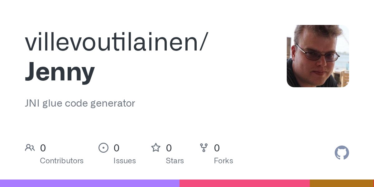 CplusplusVille's tweet card. JNI glue code generator. Contribute to villevoutilainen/Jenny development by creating an account on GitHub.
