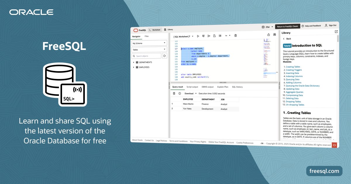 pilatesdev's tweet card. The worksheet is a great tool that allows you to learn and run SQL, PLSQL, and QuickSQL