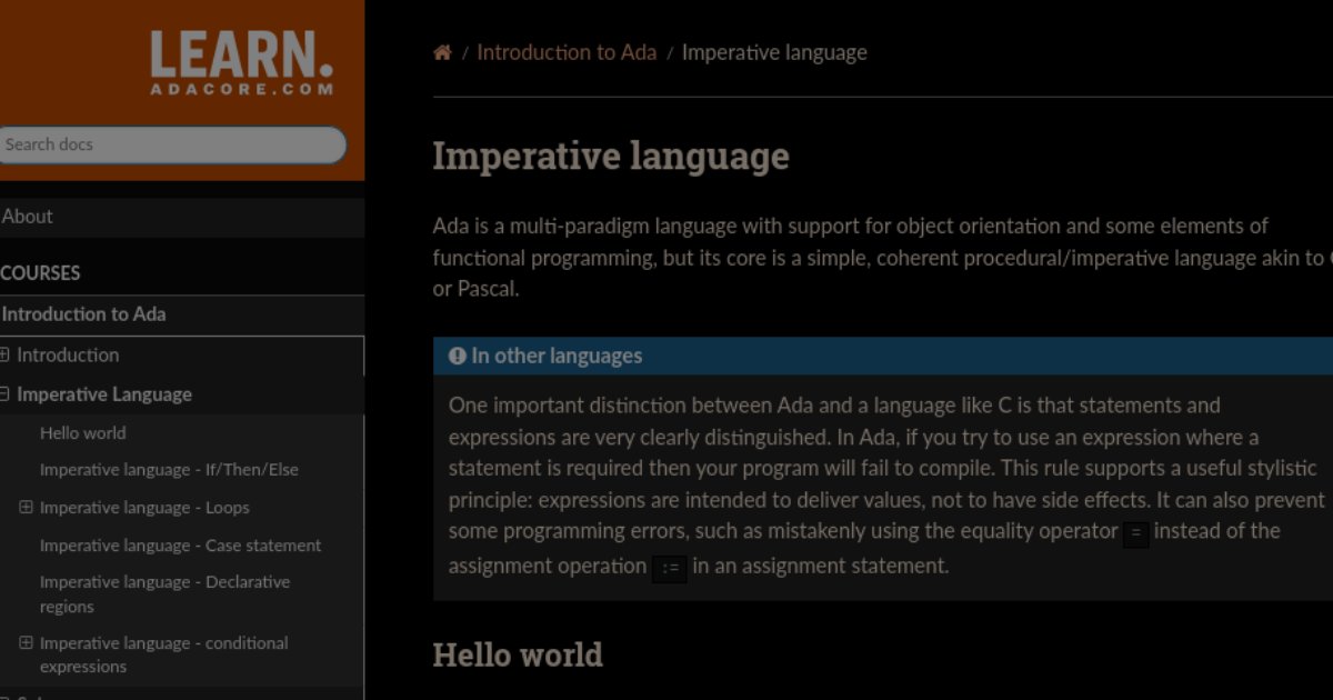 AdaCoreCompany's tweet card. Some time ago, we announced some updates to the learn website.In the meantime, we published the Introduction To Embedded Systems Programming course and…
