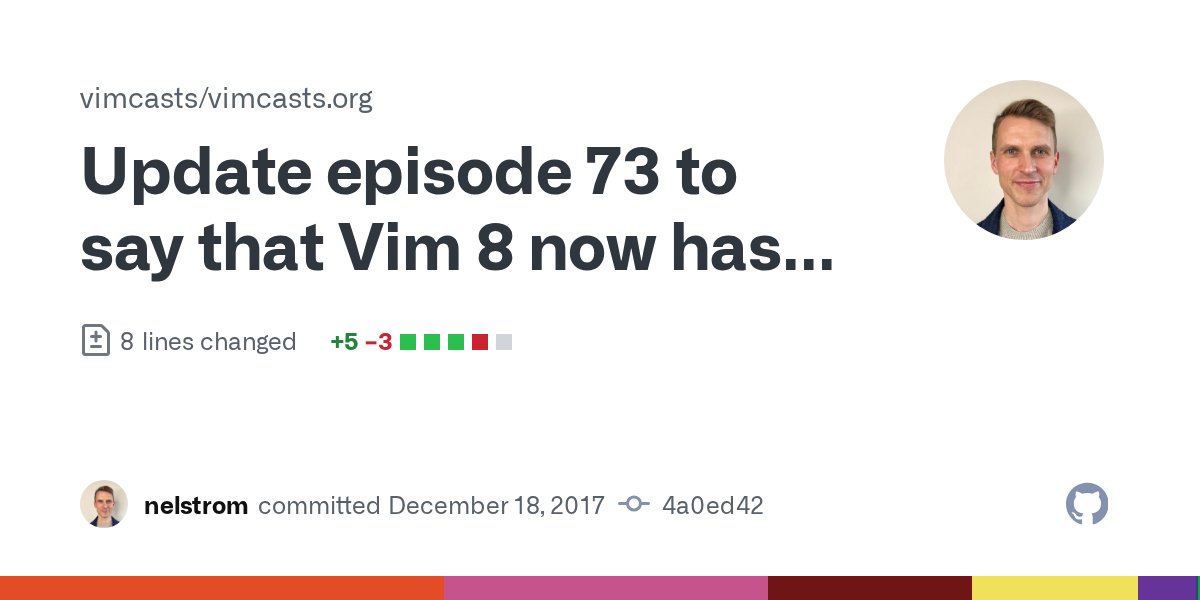 vimcasts's tweet card. Update episode 73 to say that Vim 8 now has TextYankPost autocmd · vimcasts/vimcasts.org@4a0ed42