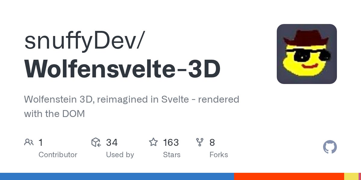 Bersling1's tweet card. Wolfenstein 3D, reimagined in Svelte - rendered with the DOM - snuffyDev/Wolfensvelte-3D