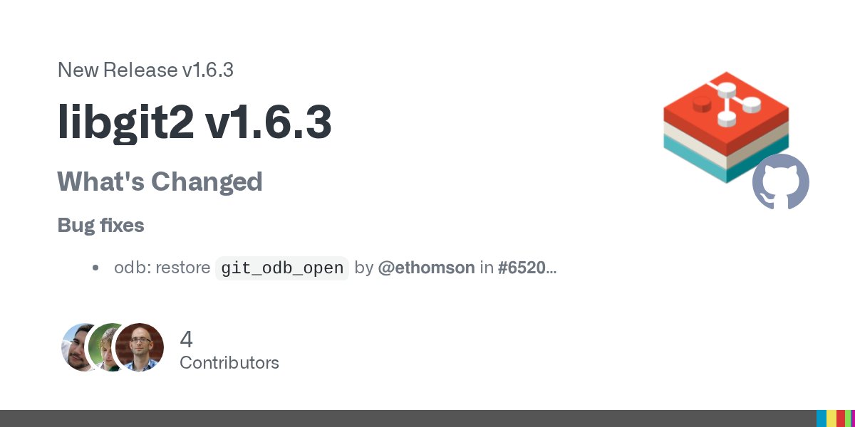 libgit2's tweet card. What's Changed Bug fixes odb: restore git_odb_open by @ethomson in #6520 Ensure that git_index_add_all handles ignored directories by @ethomson in #6521 pack: use 64 bits for the number of obj...