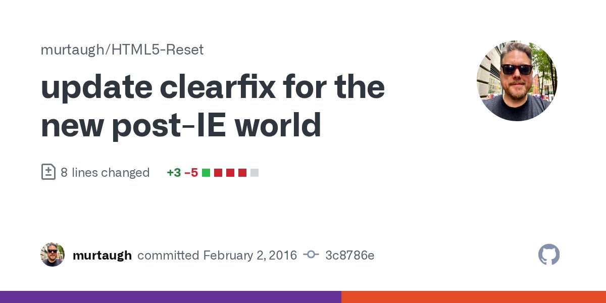 html5reset's tweet card. update clearfix for the new post-IE world · murtaugh/HTML5-Reset@3c8786e